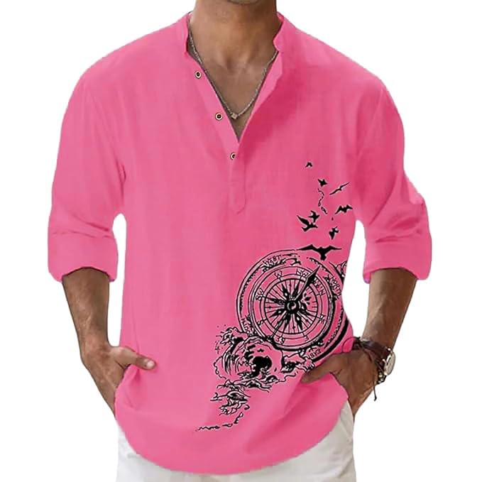 Men's Cotton Blend Mandarin Collar Self One Design Full Sleeve Casual Short Kurta (Pink)