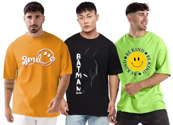 Men Half Sleeve Oversized Tshirt, Rounted Combd Neck Longline Drop Shoulder (Pack Of 3)