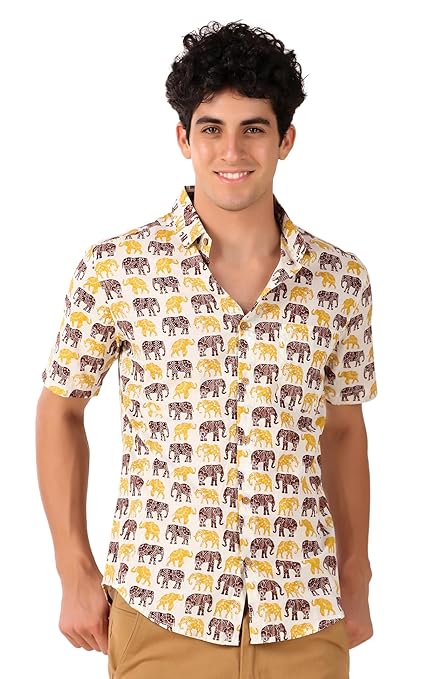 Men's Cotton Half Sleeves Printed Casual Shirt Brown & Mustard