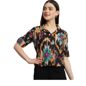 Cotton Casual Printed V-Collar Neck  (Black)