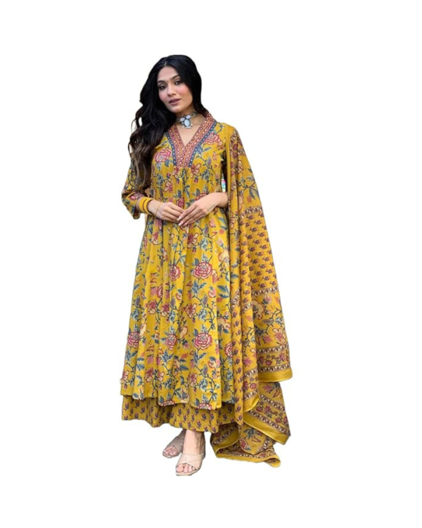 GoSriKi Women's Rayon Viscose Anarkali Printed Kurta with Palazzo & Dupatta