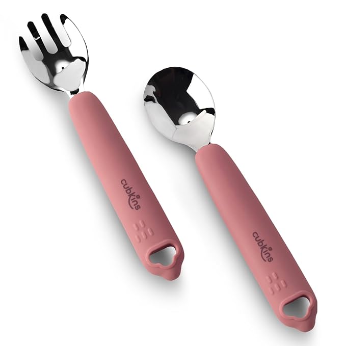 Steel Spoon & Fork Set for Babies with Soft Silicone Handle