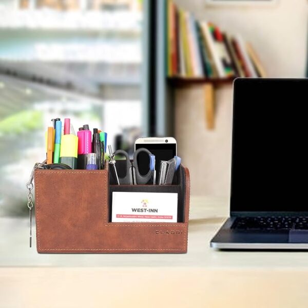 Leather Compact Office Desk Organizer Multifunctional Storage with 3 Compartment