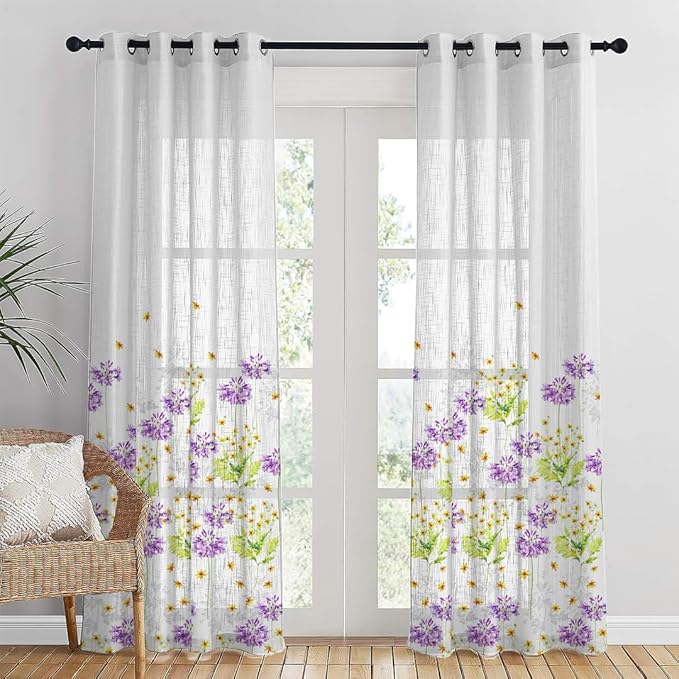 Meadow Melody Floral Linen Sheer Curtain Set (Pack of 2)