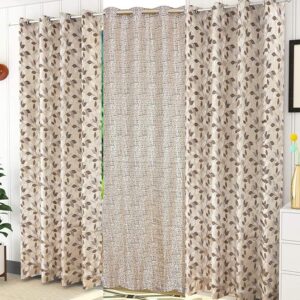 Leaf and Texture Pattern Jacquard Jute Room Darkening Curtains (Pack of 3)