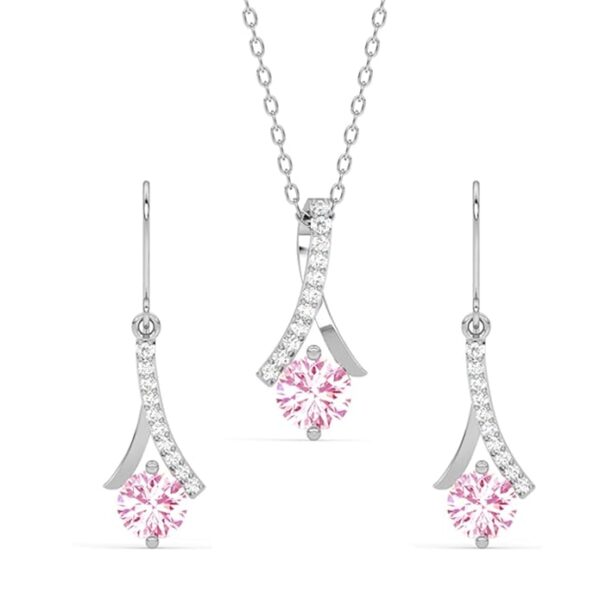 Sterling Silver Pink Solitaire Pendant Earring Chain Jewellery Set