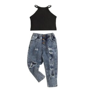 Girls Cotton Solid Slim Fit T-shirt and Jeans Set in Black Color