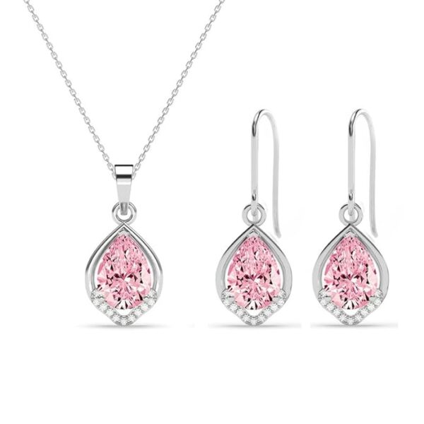 Silver Jino Pink Pear Solitaire Pendant Earrings Chain Necklace Jewellery Set